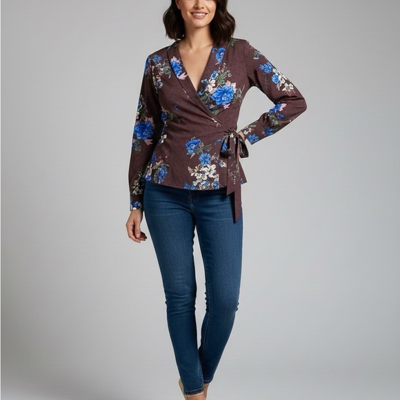 Zara Tops - Zara Brown and Blue Floral Wrap Blouse